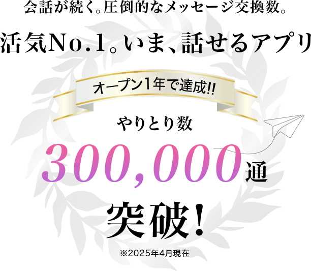会話が続く。圧倒的なメッセージ交換数。活気No.1。いま、話せるアプリ オープン1年で達成!!やり取り数300,000通突破!